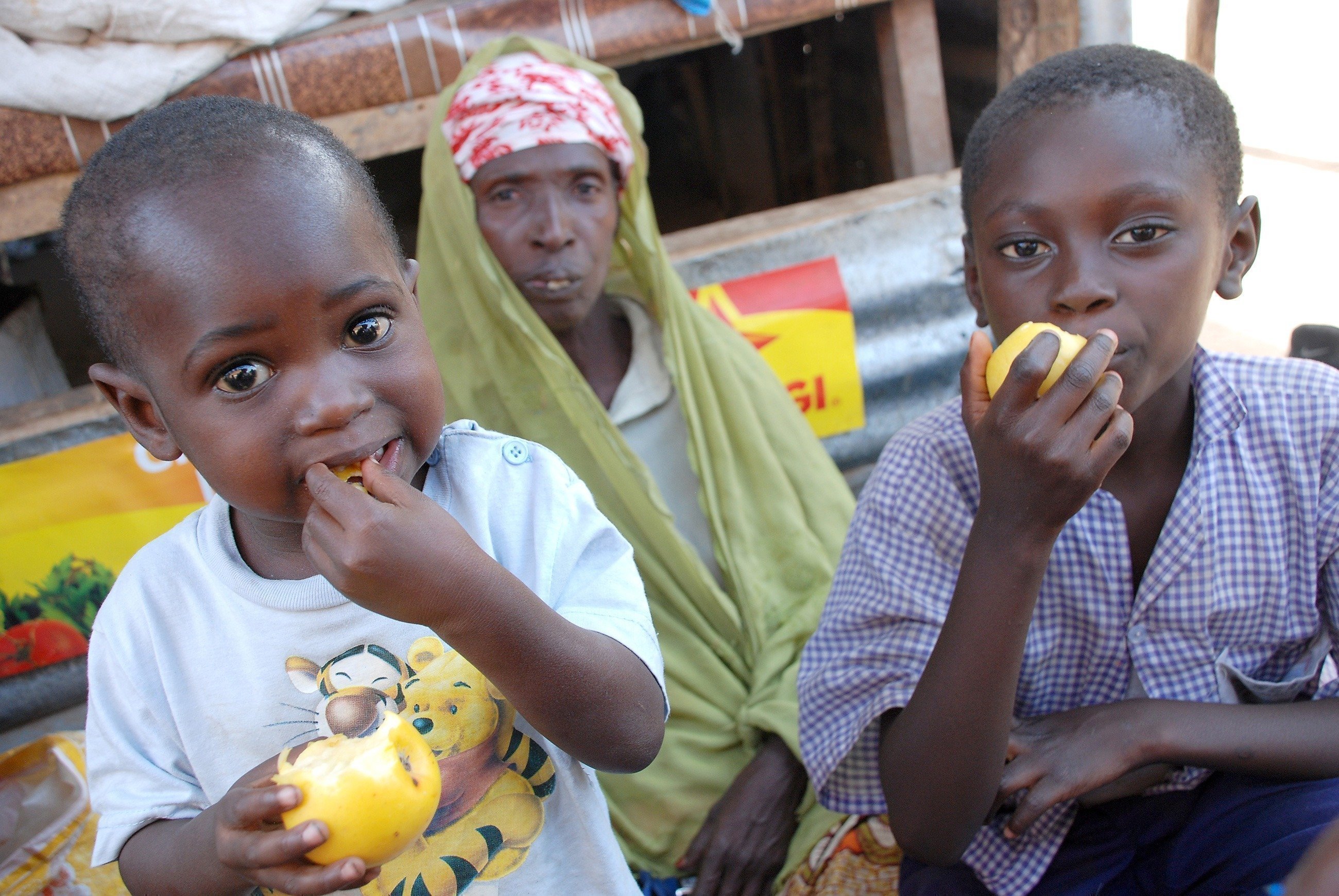 Afrikanische Kinder essen Äpfel.